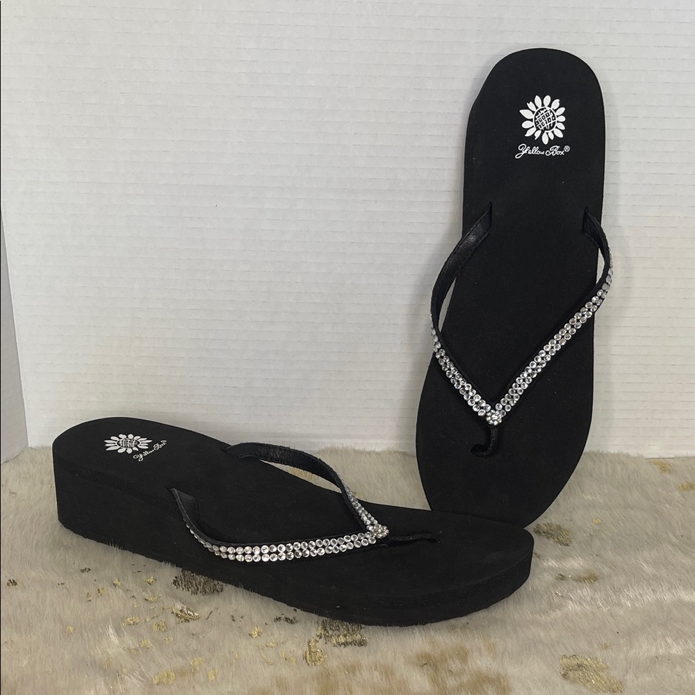 Yellow Box Flip Flops Wedge Crystal Rhinestone sparkle 10 Black NEW Embelished